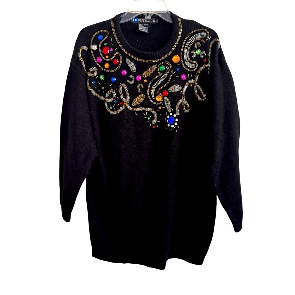 VTG IB Diffusion Black Knit Sweater Embellished Beaded Silk Angora Artsy S